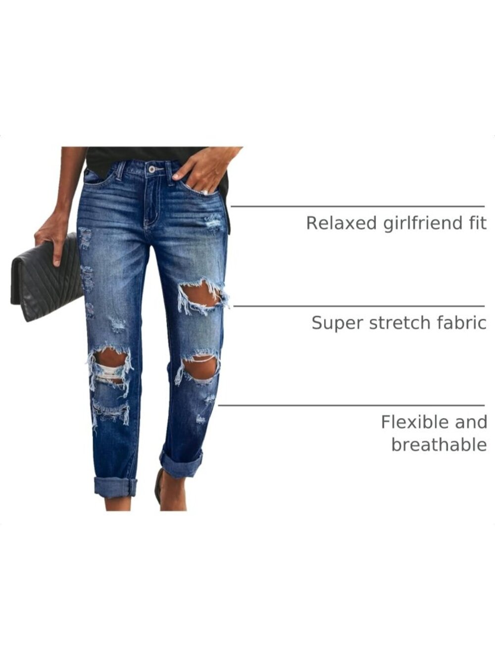 Women's Dark Blue Ripped Mid Waisted Boyfriend Jeans Loose Fit Distressed Jeans - Picture 4 of 5